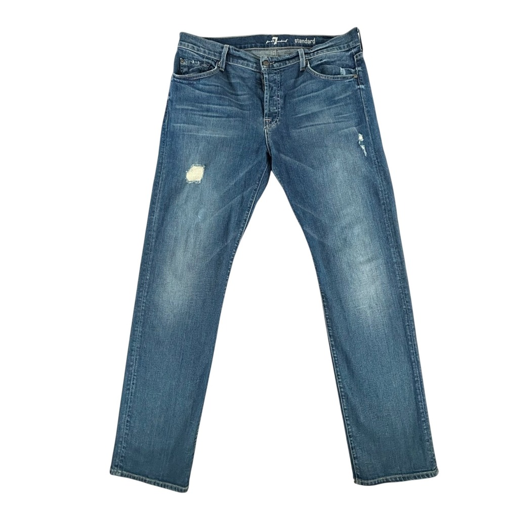 7 For All Mankind Standard Straight Leg Jeans Blue Distressed Mens 36 X 34